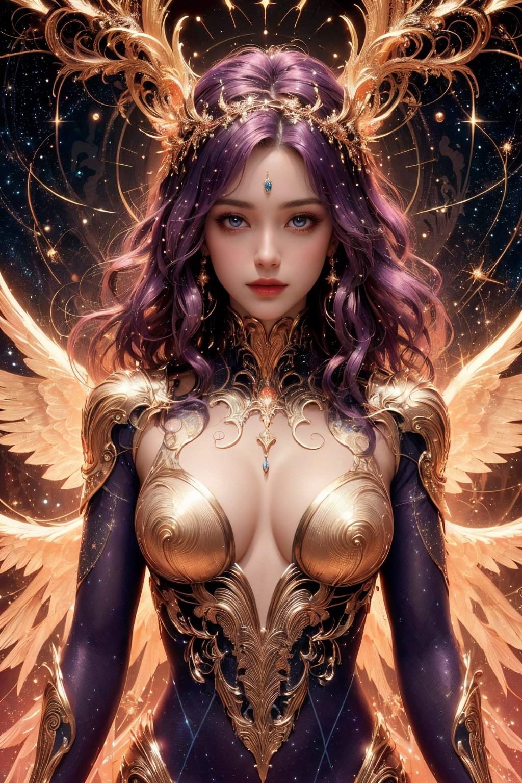 busty and sexy girl, 8k, masterpiece, ultra-realistic, best quality, high resolution, high definition,The image presents a stylized depiction of a female character with fantasy elements. The character has curly hair and is adorned with sparkling jewelry that resembles a constellation pattern, suggesting a celestial theme. The background is dark, speckled with stars, which enhances the cosmic feel of the image. The color palette is rich with purples, blues, and pinks, contributing to the otherworldly aesthetic. The character's attire includes intricate, wing-like structures that add to her ethereal appearance. The overall impression is one of a digital illustration that combines elements of fantasy and science fiction.