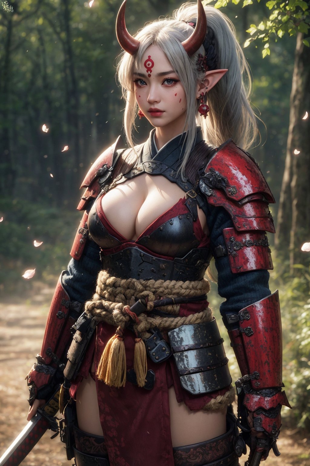 busty and sexy girl, 8k, masterpiece, ultra-realistic, best quality, high resolution, high definition, 1girl, solo, long hair, looking at viewer, red eyes, jewelry, closed mouth, standing, ponytail, weapon, grey hair, sidelocks, earrings, outdoors, japanese clothes, horns, pointy ears, sword, armor, orange eyes, petals, glowing, colored skin, katana, shoulder armor, sheath, glowing eyes, oni horns, sheathed, oni, serious, japanese armor, scabbard, red skin, samurai