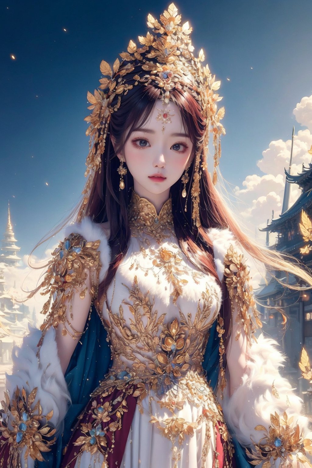 busty and sexy girl, 8k, masterpiece, ultra-realistic, best quality, high resolution, high definition, Chinese female warrior in the style of Korean animation. The character should have an elegant and heroic posture, wearing traditional yet stylized warrior attire that reflects a blend of historical and fantasy elements. The color palette should include rich golds, reds, and blues, with intricate floral patterns similar to those in the original image. The background should be grand and detailed, possibly including architectural elements that enhance the character's presence.