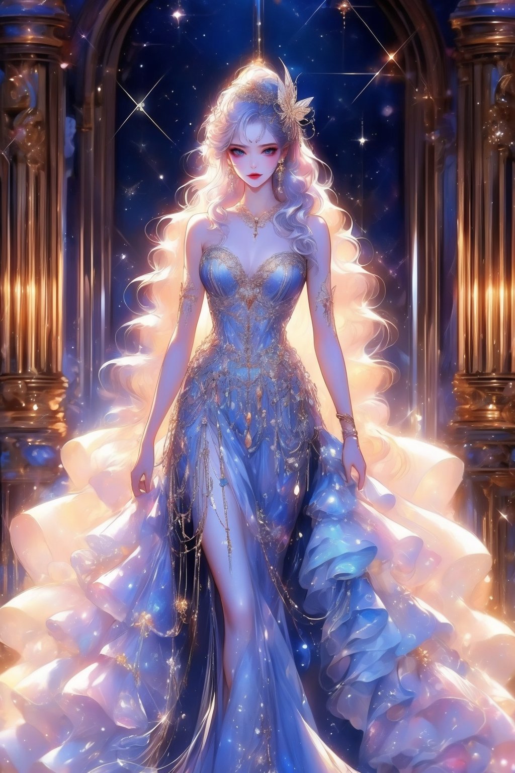 busty and sexy girl, 8k, masterpiece, ultra-realistic, best quality, high resolution, high definition, hair ornament, dress, bare shoulders, standing, white dress, sparkle, strapless, strapless dress, ballerina, ballet slippers, tutu, floral background, long hair, breasts, blue eyes, hair ornament, dress, bare shoulders, jewelry, standing, collarbone, white hair, (glowing hair), earrings, necklace, bracelet, lips, strapless,  (glowing), wavy hair, butterfly