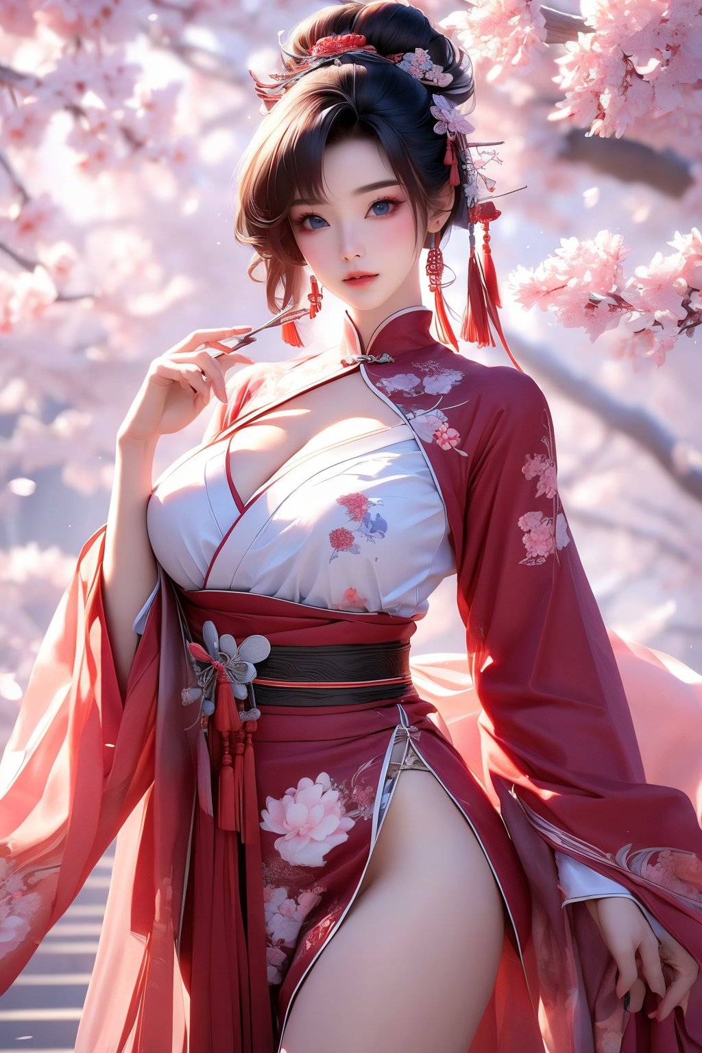 busty and sexy girl, 8k, masterpiece, ultra-realistic, best quality, high resolution, high definition, 1girl, solo, breasts, looking at viewer, blue eyes, large breasts, black hair, hair ornament, long sleeves, dress, holding, cleavage, white flowers, thighs, cowboy shot, parted lips, japanese clothes, hair flower, wide sleeves, hair bun, lips, sash, clothing cutout, no panties, chinese clothes, white floral print, cleavage cutout, single hair bun, cherry blossoms, tassel, pelvic curtain, branch, hair stick