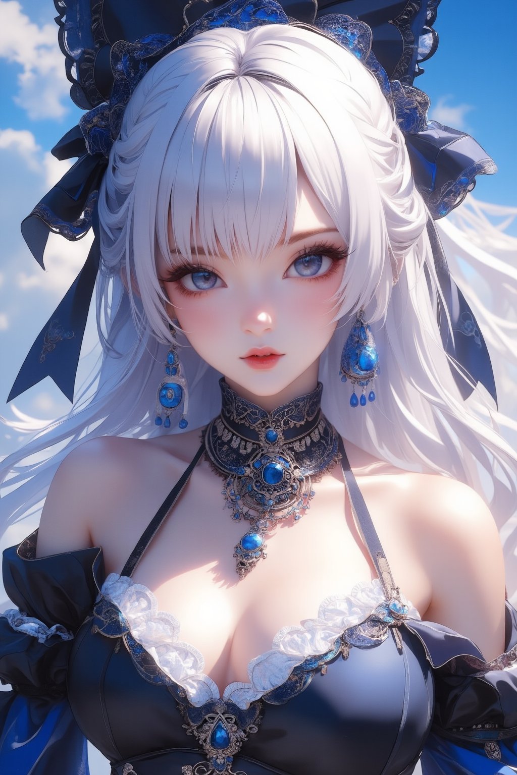 busty and sexy girl, 8k, masterpiece, ultra-realistic, best quality, high resolution, high definition, 1girl, solo, long hair, looking at viewer, blush, bangs, blue eyes, dress, bow, ribbon, jewelry, closed mouth, hair ribbon, upper body, white hair, hair bow, earrings, frills, black dress, parted bangs, eyelashes, blue bow, blue ribbon, pale skin, red lips