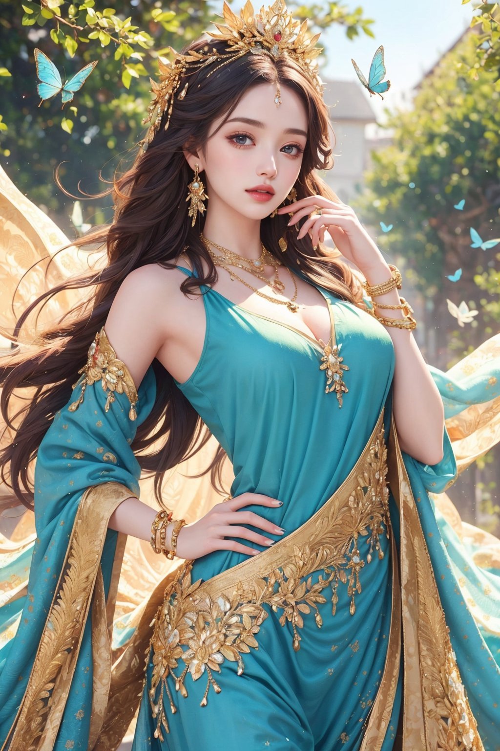 busty and sexy girl, 8k, masterpiece, ultra-realistic, best quality, high resolution, high definition,a medium-angle shot of a woman, adorned with a flowing blue dress adorned with gold accents. Her long, dark hair cascades over her shoulders, adding a touch of beauty to the scene. The woman's dress is adorned in a flowing pattern of blue and white feathers, with a gold chain around her neck. She is adorned with earrings, a necklace, and a bracelet. Her left hand is draped across her body, while her right hand rests on her hip. The background is a mix of white and blue swirls, creating a vibrant contrast to the woman's blue dress. There are a few butterflies fluttering around her, adding touch of nature to the image.