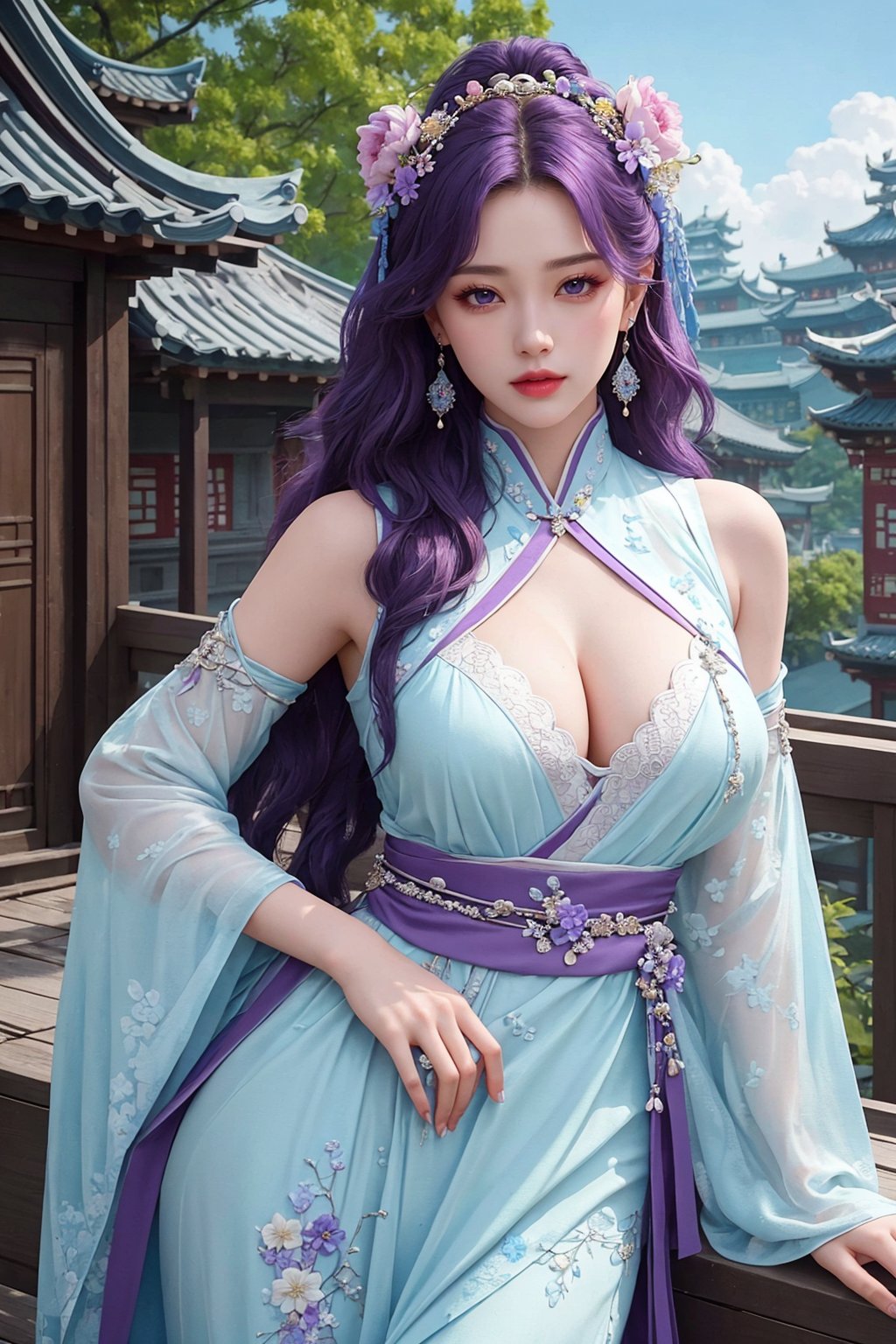 busty and sexy girl, 8k, masterpiece, ultra-realistic, best quality, high resolution, high definition, solo, long hair, looking at viewer, hair ornament, dress, jewelry, purple eyes, purple hair, flower, earrings, detached sleeves, sky, hair flower, white dress, architecture, east asian architecture, hanfu