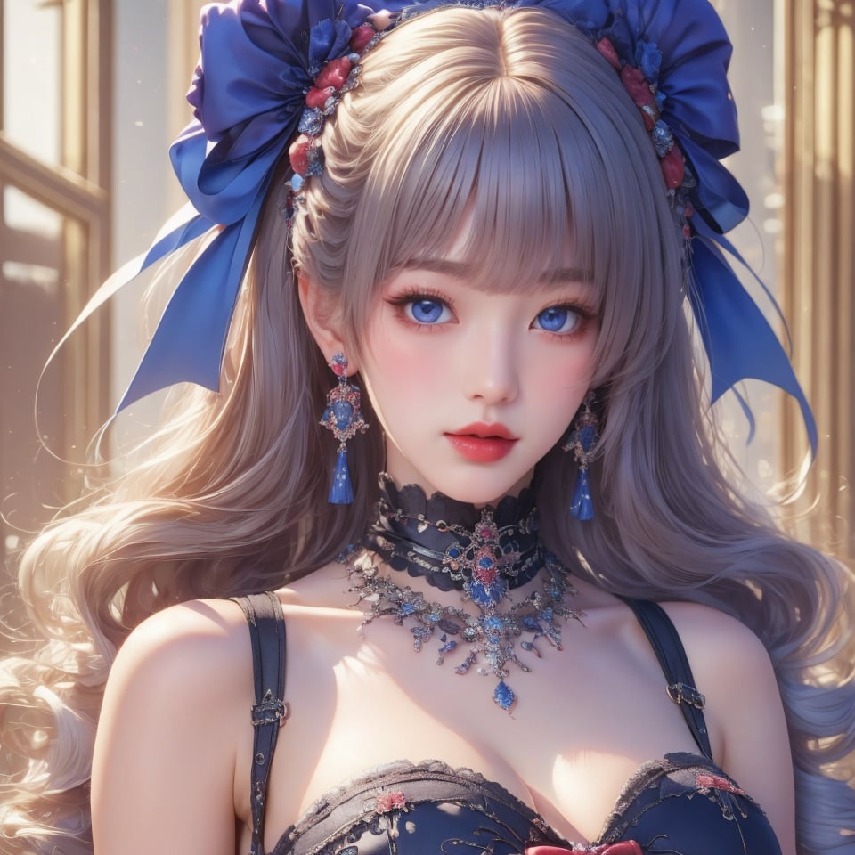 busty and sexy girl, 8k, masterpiece, ultra-realistic, best quality, high resolution, high definition, 1girl, solo, long hair, looking at viewer, blush, bangs, blue eyes, dress, bow, ribbon, jewelry, closed mouth, hair ribbon, upper body, white hair, hair bow, earrings, frills, black dress, parted bangs, eyelashes, blue bow, blue ribbon, pale skin, red lips