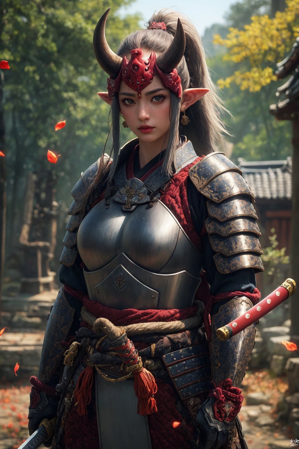 busty and sexy girl, 8k, masterpiece, ultra-realistic, best quality, high resolution, high definition, 1girl, solo, long hair, looking at viewer, red eyes, jewelry, closed mouth, standing, ponytail, weapon, grey hair, sidelocks, earrings, outdoors, japanese clothes, horns, pointy ears, sword, armor, orange eyes, petals, glowing, colored skin, katana, shoulder armor, sheath, glowing eyes, oni horns, sheathed, oni, serious, japanese armor, scabbard, red skin, samurai