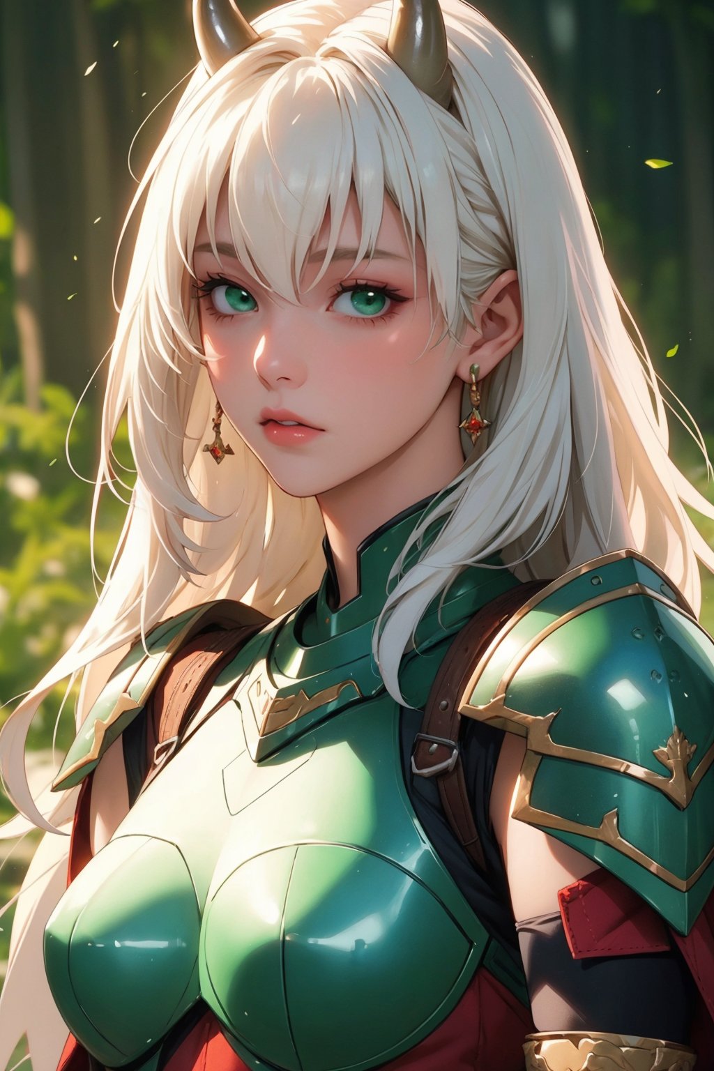 busty and sexy girl, 8k, masterpiece, ultra-realistic, best quality, high resolution, high definition, 1girl, solo, long hair, looking at viewer, bangs, hair between eyes, jewelry, closed mouth, green eyes, upper body, white hair, parted lips, horns, armor, glowing, shoulder armor, green theme