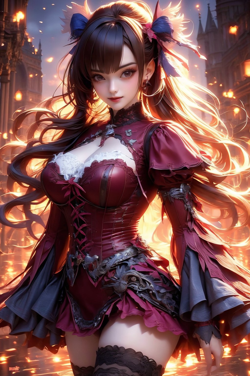 busty and sexy girl, 8k, masterpiece, ultra-realistic, best quality, high resolution, high definition,1girl, solo, long hair, looking at viewer, smile, bangs, brown hair, thighhighs, long sleeves, brown eyes, jewelry, hair bow, sleeves past wrists, torn clothes,  gothic, fashion