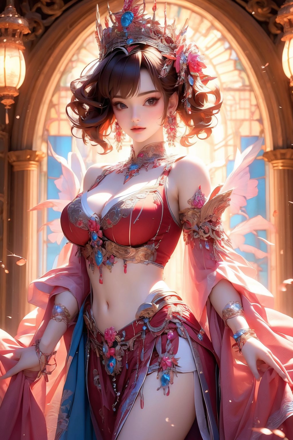 busty and sexy girl, 8k, masterpiece, ultra-realistic, best quality, high resolution, high definition,1girl, solo, breasts, looking at viewer, short hair, bangs, large breasts, brown hair, hair ornament, long sleeves, navel, holding, cleavage, brown eyes, jewelry, medium breasts, closed mouth, standing, cowboy shot, earrings, detached sleeves, indoors, wide sleeves bracelet, lips, , window,  crown, gem, tassel, pelvic curtain, stained glass