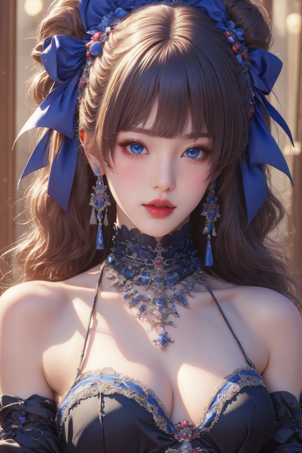 busty and sexy girl, 8k, masterpiece, ultra-realistic, best quality, high resolution, high definition, 1girl, solo, long hair, looking at viewer, blush, bangs, blue eyes, dress, bow, ribbon, jewelry, closed mouth, hair ribbon, upper body, white hair, hair bow, earrings, frills, black dress, parted bangs, eyelashes, blue bow, blue ribbon, pale skin, red lips