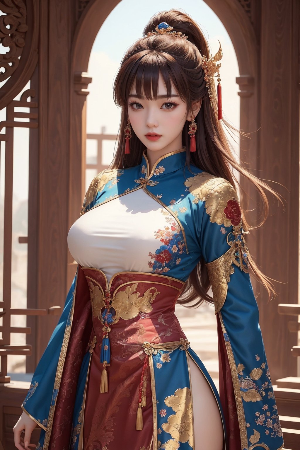 busty and sexy girl, 8k, masterpiece, ultra-realistic, best quality, high resolution, high definition, Chinese female warrior in the style of Korean animation. The character should have an elegant and heroic posture, wearing traditional yet stylized warrior attire that reflects a blend of historical and fantasy elements. The color palette should include rich golds, reds, and blues, with intricate floral patterns similar to those in the original image. The background should be grand and detailed, possibly including architectural elements that enhance the character's presence.