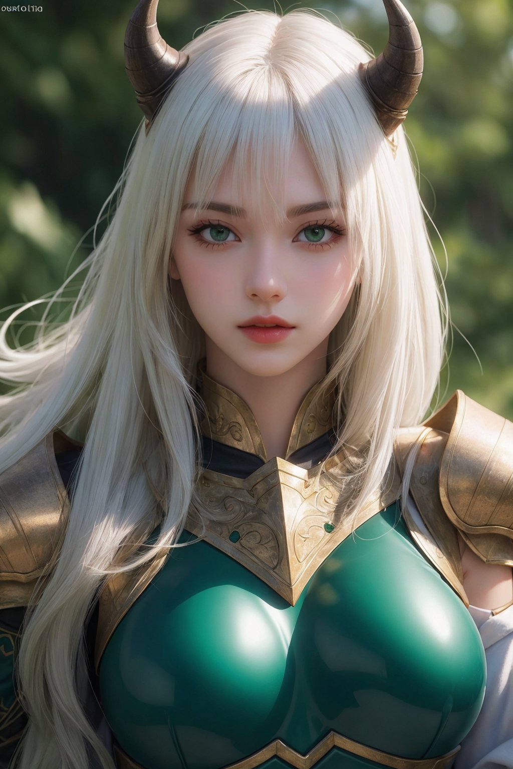 busty and sexy girl, 8k, masterpiece, ultra-realistic, best quality, high resolution, high definition, 1girl, solo, long hair, looking at viewer, bangs, hair between eyes, jewelry, closed mouth, green eyes, upper body, white hair, parted lips, horns, armor, glowing, shoulder armor, green theme