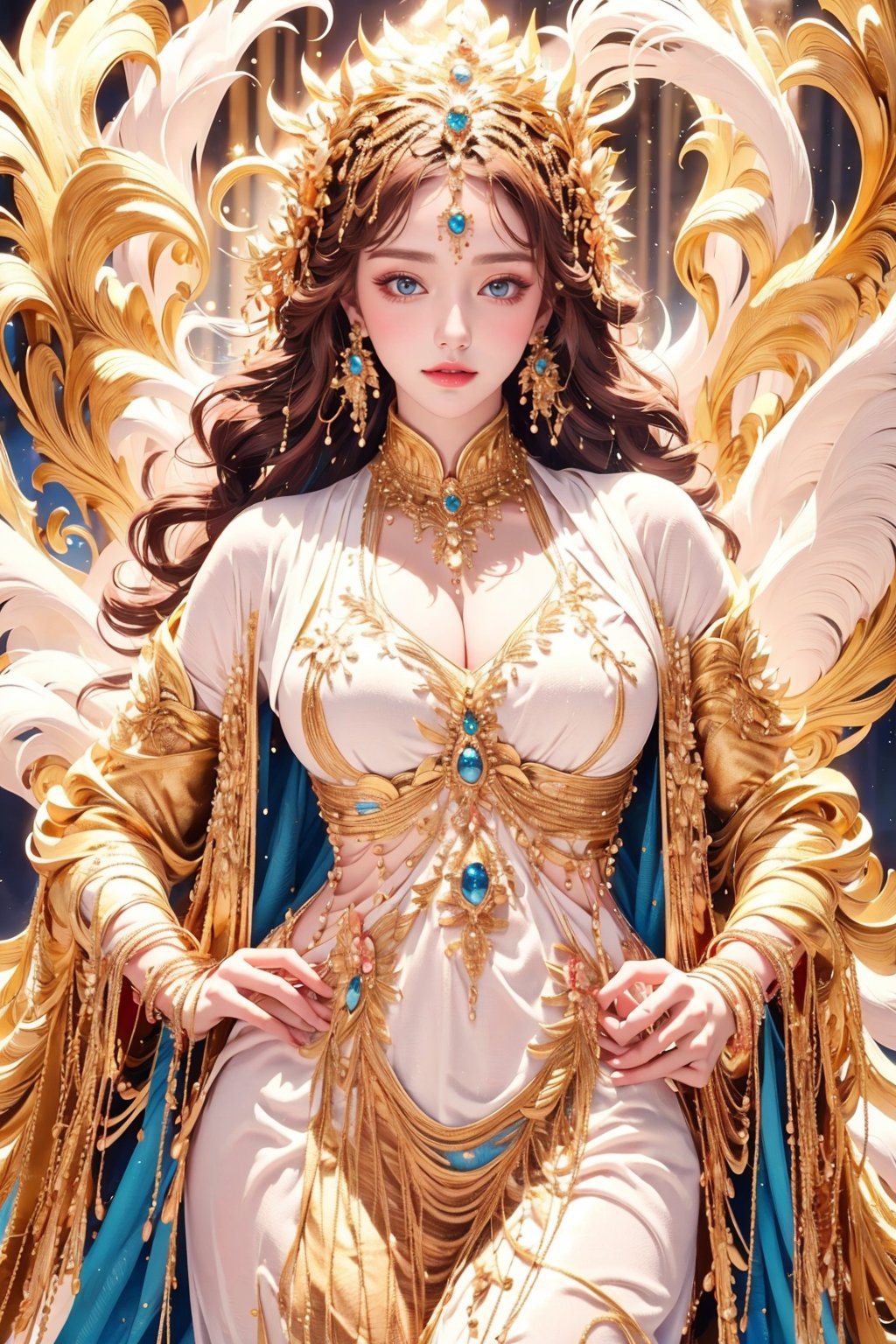 busty and sexy girl, 8k, masterpiece, ultra-realistic, best quality, high resolution, high definition,a medium-angle shot of a woman, adorned with a flowing blue dress adorned with gold accents. Her long, dark hair cascades over her shoulders, adding a touch of beauty to the scene. The woman's dress is adorned in a flowing pattern of blue and white feathers, with a gold chain around her neck. She is adorned with earrings, a necklace, and a bracelet. Her left hand is draped across her body, while her right hand rests on her hip. The background is a mix of white and blue swirls, creating a vibrant contrast to the woman's blue dress. There are a few butterflies fluttering around her, adding touch of nature to the image.