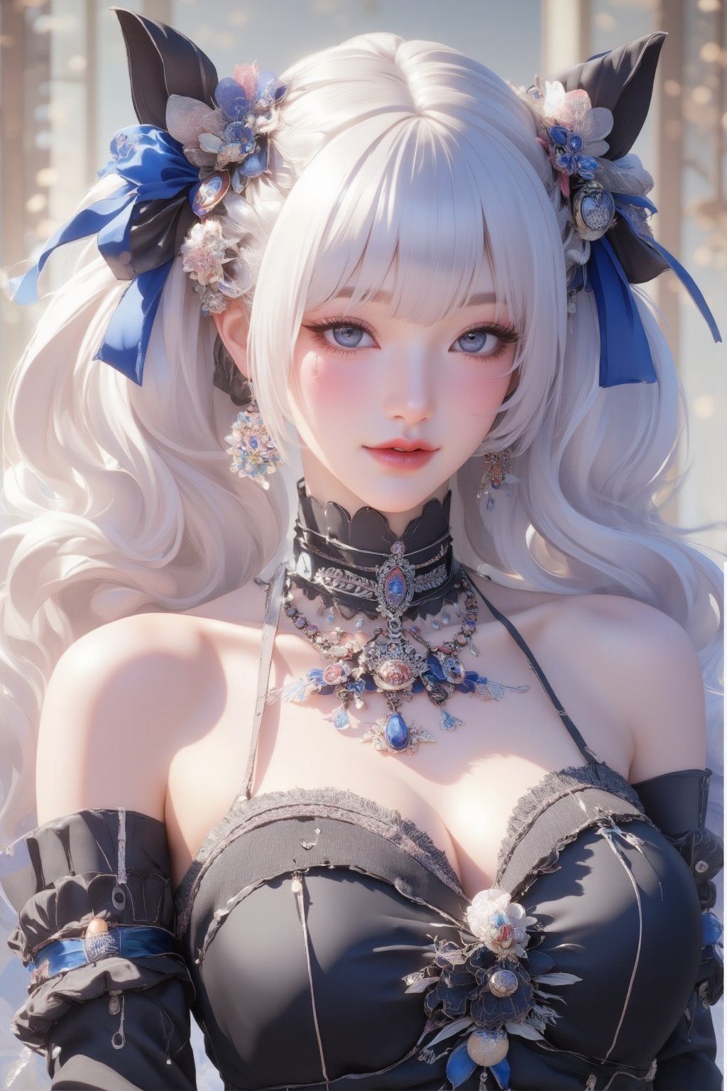 busty and sexy girl, 8k, masterpiece, ultra-realistic, best quality, high resolution, high definition, 1girl, solo, long hair, looking at viewer, blush, bangs, blue eyes, dress, bow, ribbon, jewelry, closed mouth, hair ribbon, upper body, white hair, hair bow, earrings, frills, black dress, parted bangs, eyelashes, blue bow, blue ribbon, pale skin, red lips