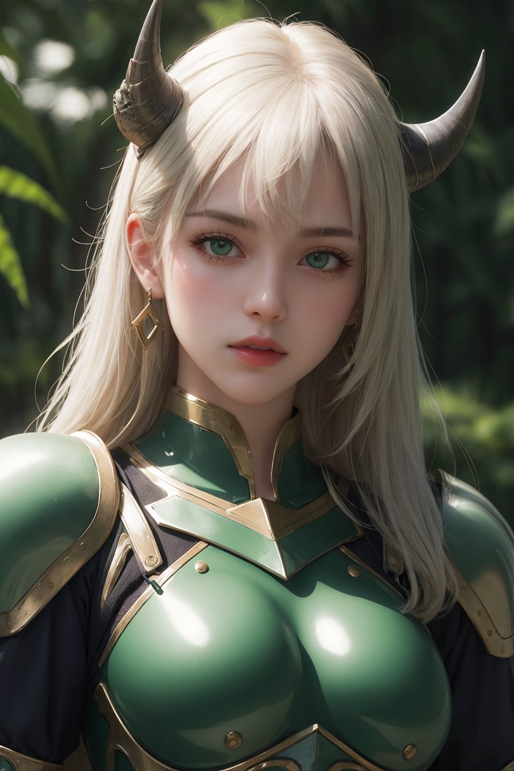 busty and sexy girl, 8k, masterpiece, ultra-realistic, best quality, high resolution, high definition, 1girl, solo, long hair, looking at viewer, bangs, hair between eyes, jewelry, closed mouth, green eyes, upper body, white hair, parted lips, horns, armor, glowing, shoulder armor, green theme