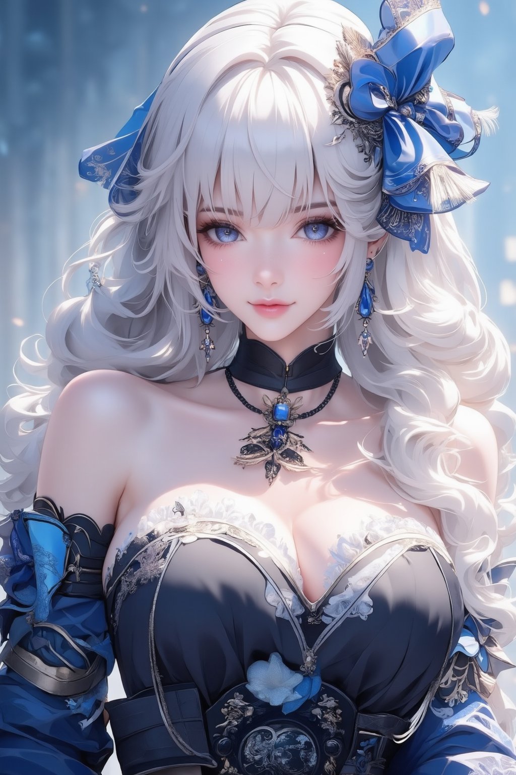 busty and sexy girl, 8k, masterpiece, ultra-realistic, best quality, high resolution, high definition, 1girl, solo, long hair, looking at viewer, blush, bangs, blue eyes, dress, bow, ribbon, jewelry, closed mouth, hair ribbon, upper body, white hair, hair bow, earrings, frills, black dress, parted bangs, eyelashes, blue bow, blue ribbon, pale skin, red lips