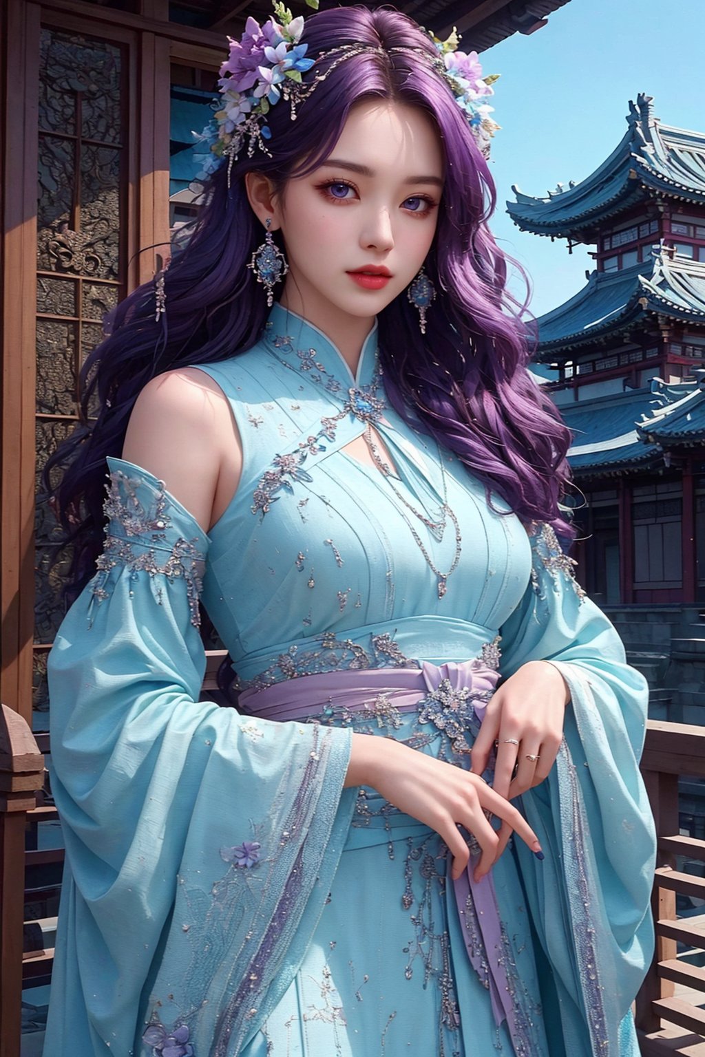 1 girl, 8k, masterpiece, ultra-realistic, best quality, high resolution, high definition, solo, long hair, looking at viewer, hair ornament, dress, jewelry, purple eyes, purple hair, flower, earrings, detached sleeves, sky, hair flower, white dress, architecture, east asian architecture