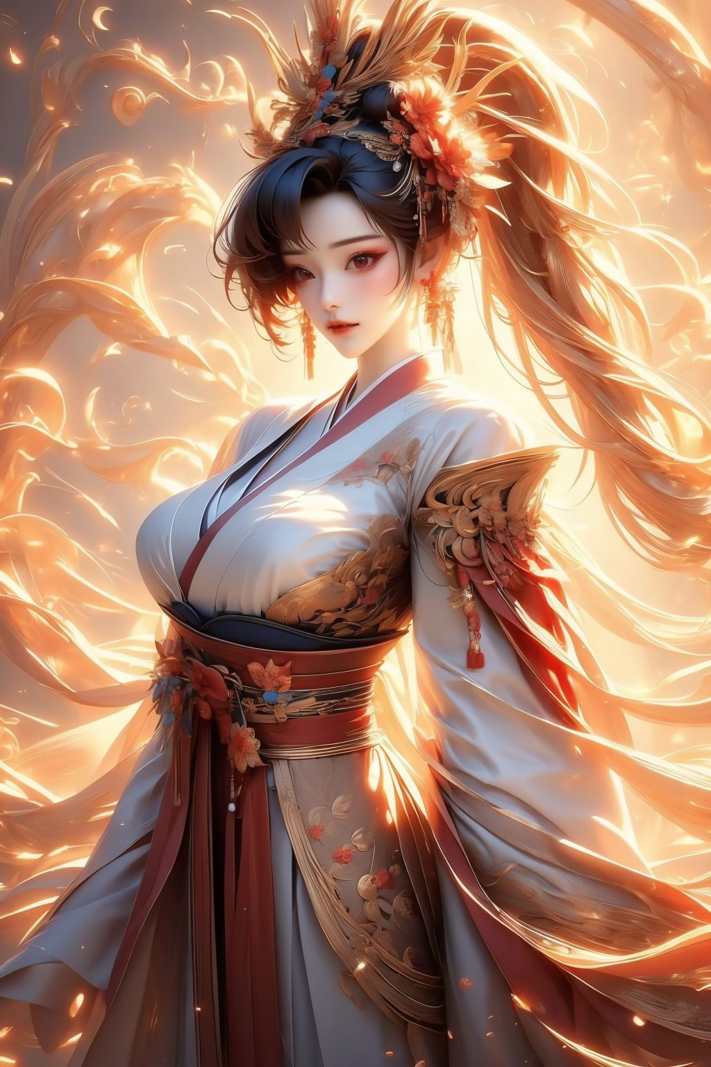 busty and sexy girl, 8k, masterpiece, ultra-realistic, best quality, high resolution, high definition, 1girl, solo, long hair, breasts, hair ornament, red eyes, long sleeves, jewelry, large breasts, cleavage, closed mouth, black hair, ponytail, flower, earrings, japanese clothes, hair flower, kimono, sash, makeup, floating hair, smoke