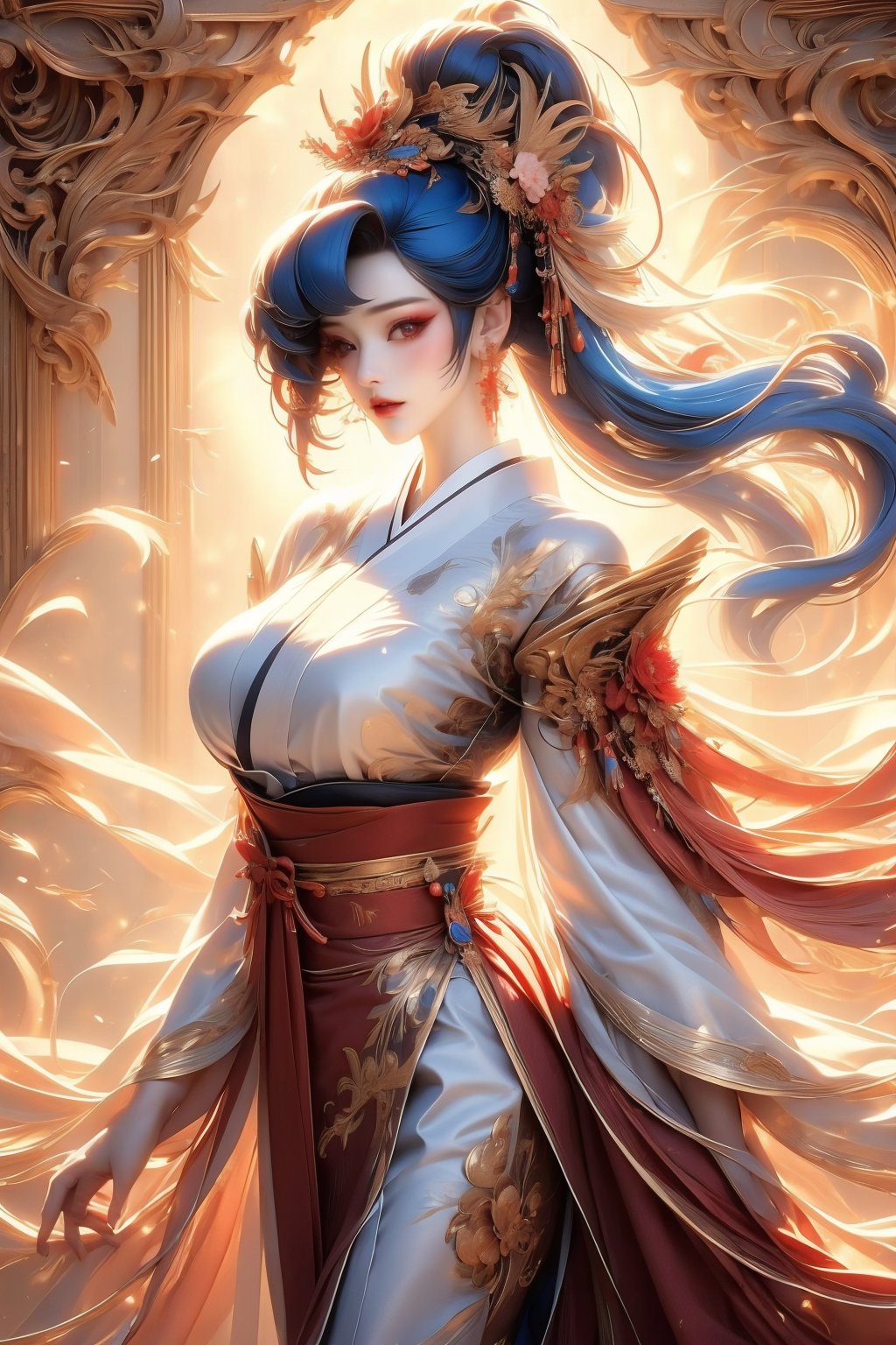 busty and sexy girl, 8k, masterpiece, ultra-realistic, best quality, high resolution, high definition, 1girl, solo, long hair, breasts, hair ornament, red eyes, long sleeves, jewelry, large breasts, closed mouth, blue hair, ponytail, flower, red hair, multicolored hair, earrings, japanese clothes, hair flower, kimono, sash, makeup, floating hair, smoke