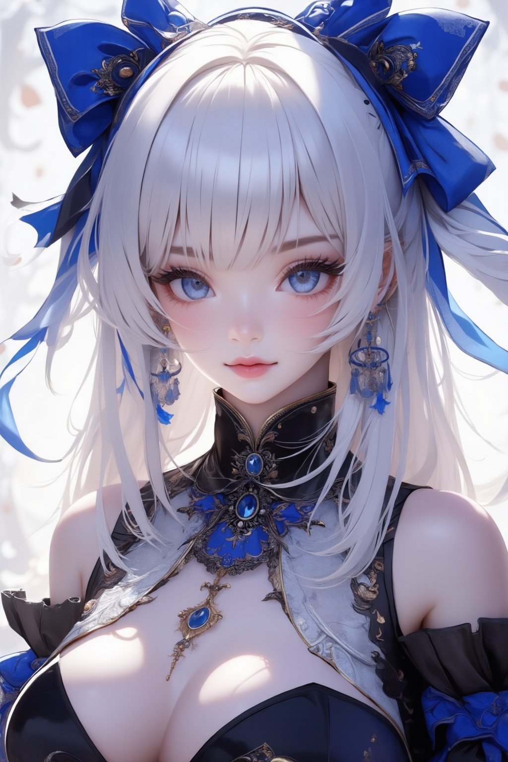 busty and sexy girl, 8k, masterpiece, ultra-realistic, best quality, high resolution, high definition, 1girl, solo, long hair, looking at viewer, blush, bangs, blue eyes, dress, bow, ribbon, jewelry, closed mouth, hair ribbon, upper body, white hair, hair bow, earrings, frills, black dress, parted bangs, eyelashes, blue bow, blue ribbon, pale skin, red lips