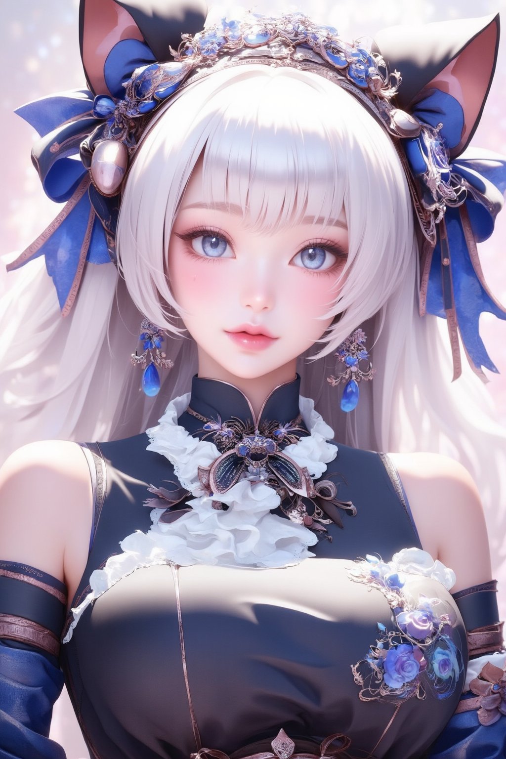 busty and sexy girl, 8k, masterpiece, ultra-realistic, best quality, high resolution, high definition, 1girl, solo, long hair, looking at viewer, blush, bangs, blue eyes, dress, bow, ribbon, jewelry, closed mouth, hair ribbon, upper body, white hair, hair bow, earrings, frills, black dress, parted bangs, eyelashes, blue bow, blue ribbon, pale skin, red lips