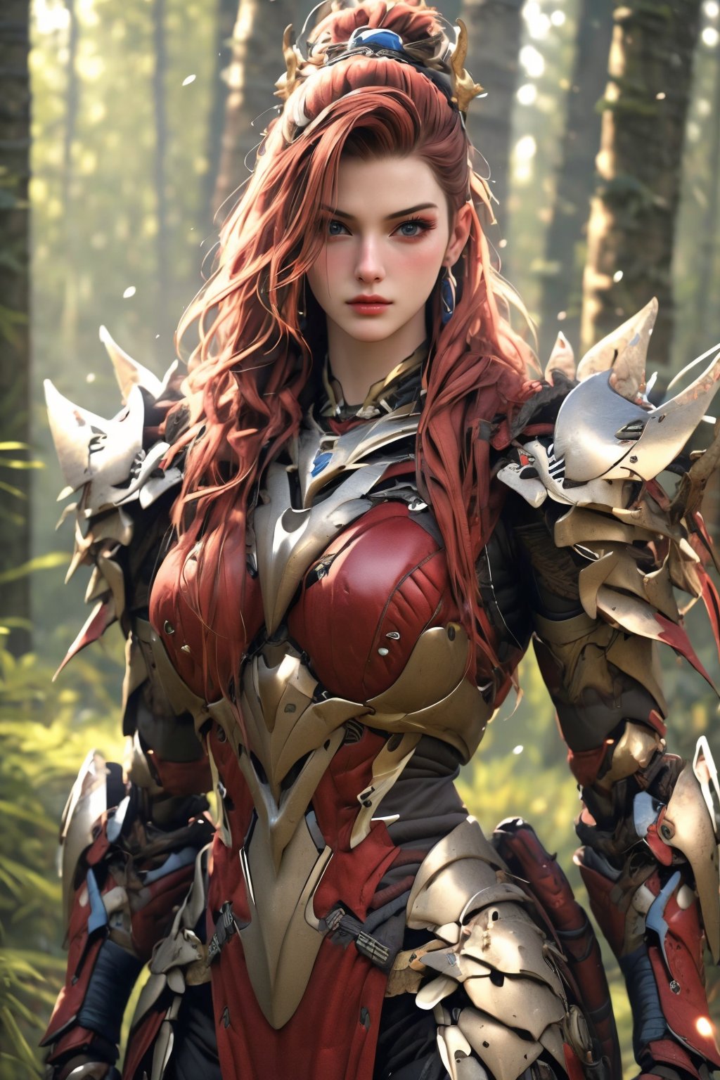 busty and sexy girl, 8k, masterpiece, ultra-realistic, best quality, high resolution, high definition, viking girl, primative clothing with mecha armor, forest