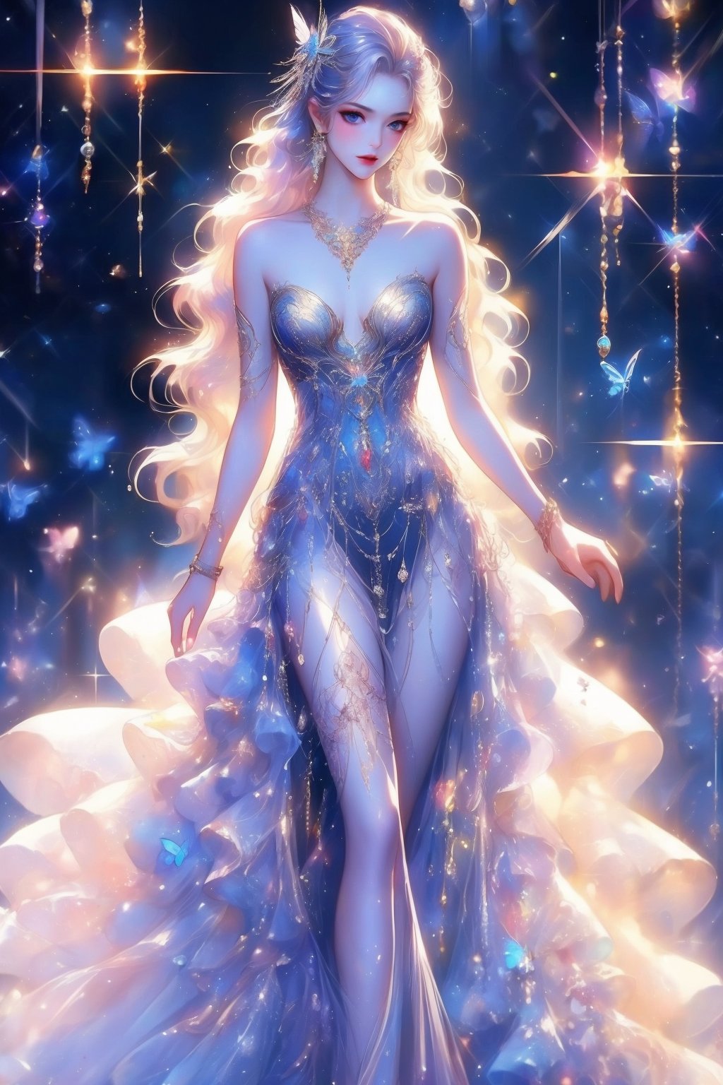 busty and sexy girl, 8k, masterpiece, ultra-realistic, best quality, high resolution, high definition, hair ornament, dress, bare shoulders, standing, white dress, sparkle, strapless, strapless dress, ballerina, ballet slippers, tutu, floral background, long hair, breasts, blue eyes, hair ornament, dress, bare shoulders, jewelry, standing, collarbone, white hair, (glowing hair), earrings, necklace, bracelet, lips, strapless,  (glowing), wavy hair, butterfly