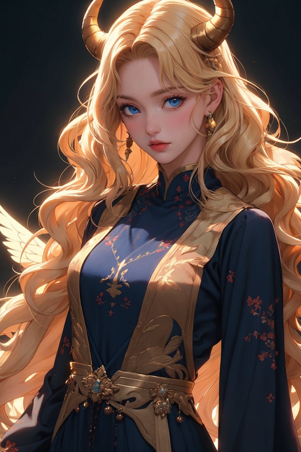 busty and sexy girl, 8k, masterpiece, ultra-realistic, best quality, high resolution, high definition, a medium-angle shot of a fair-haired blonde woman with long, wavy blonde hair and blue eyes is adorned with two horned horns on her head. She is dressed in a flowing black and gold costume, adorned with golden embroidery. Her wings are adorned with white feathers, adding a touch of contrast to her outfit. The background is a stark white, creating a stark contrast to the woman's costume.