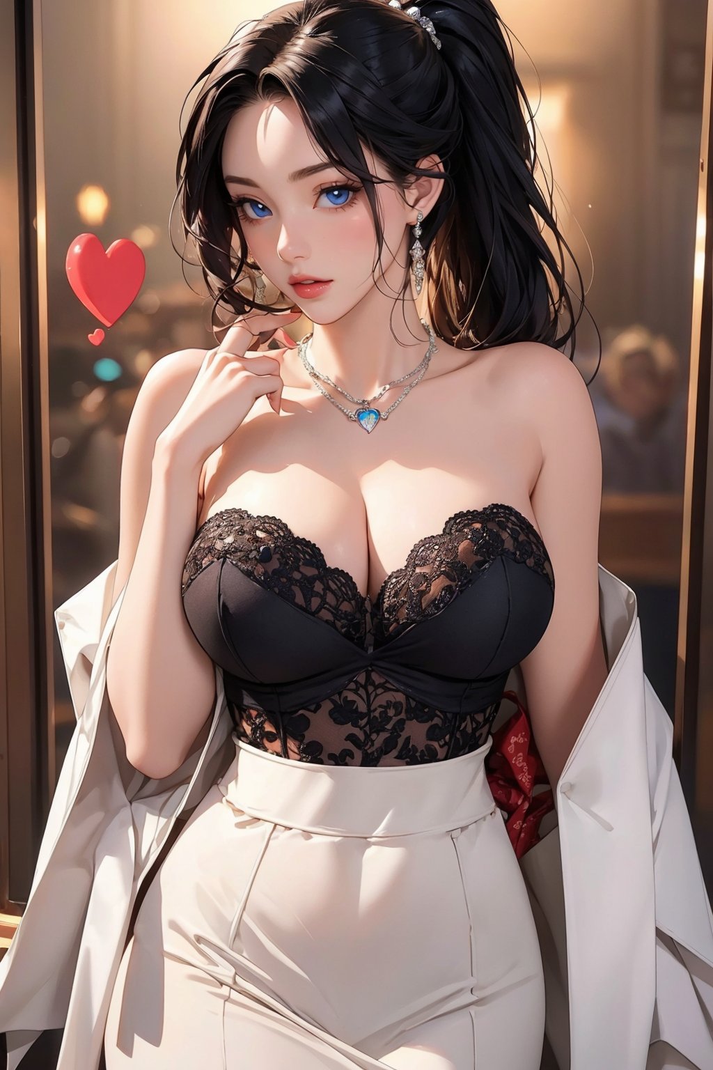 busty and sexy girl, 8k, masterpiece, ultra-realistic, best quality, high resolution, high definition, a woman with long black hair, wearing a silver strapless dress and a silver ring on her left hand. She is wearing a black necklace with a heart-shaped pendant hanging from it. Her eyes are blue and her lips are red. Her hair is pulled back in a ponytail,