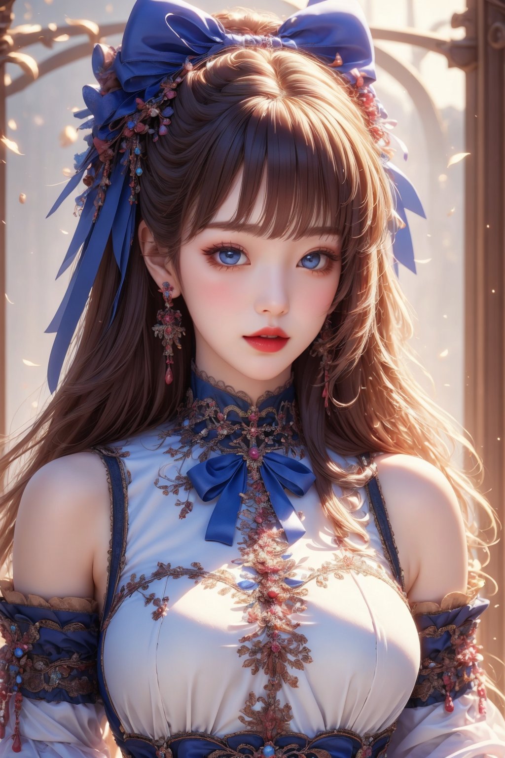 busty and sexy girl, 8k, masterpiece, ultra-realistic, best quality, high resolution, high definition, 1girl, solo, long hair, looking at viewer, blush, bangs, blue eyes, dress, bow, ribbon, jewelry, closed mouth, hair ribbon, upper body, white hair, hair bow, earrings, frills, black dress, parted bangs, eyelashes, blue bow, blue ribbon, pale skin, red lips