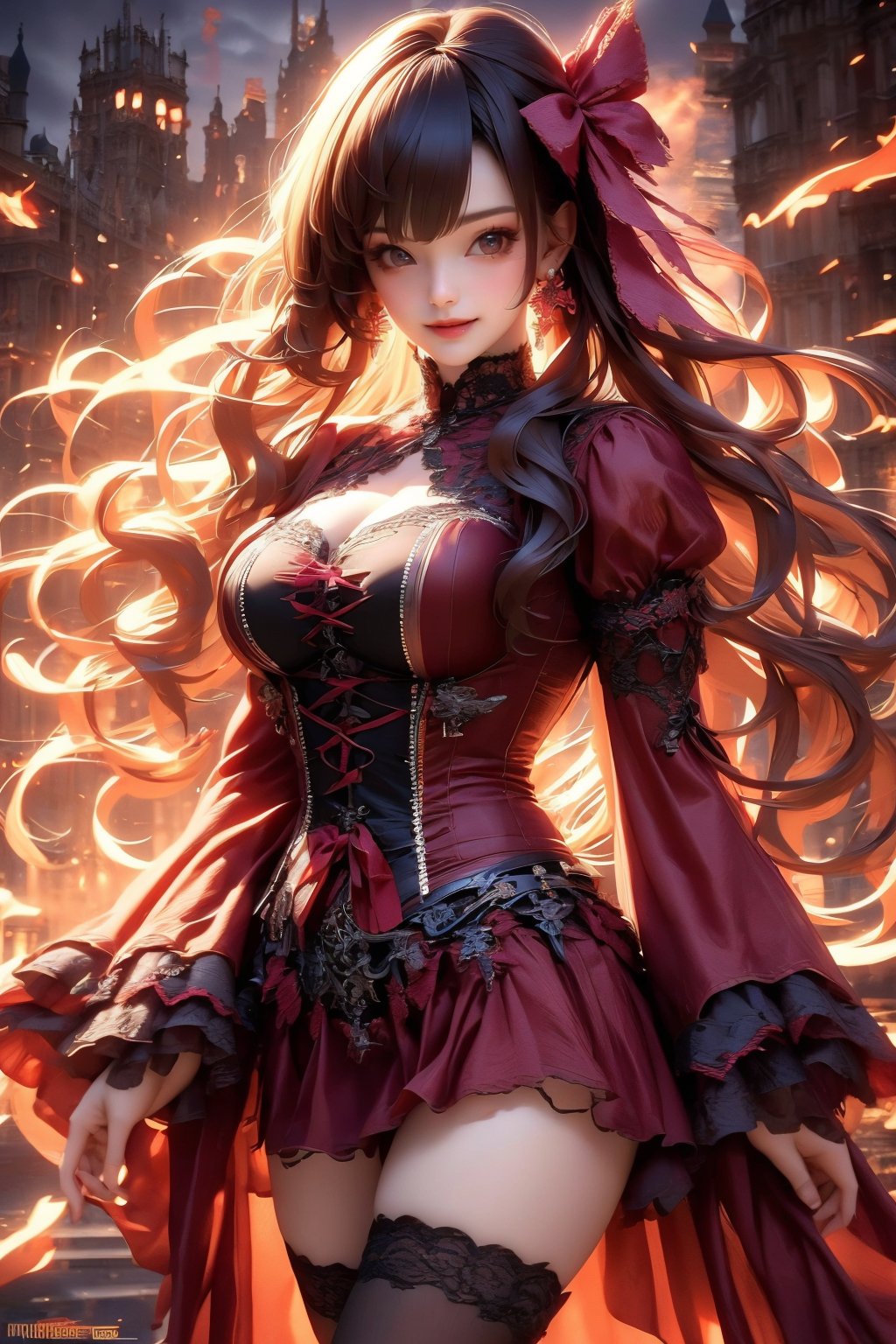 busty and sexy girl, 8k, masterpiece, ultra-realistic, best quality, high resolution, high definition,1girl, solo, long hair, looking at viewer, smile, bangs, brown hair, thighhighs, long sleeves, brown eyes, jewelry, hair bow, sleeves past wrists, torn clothes,  gothic, fashion