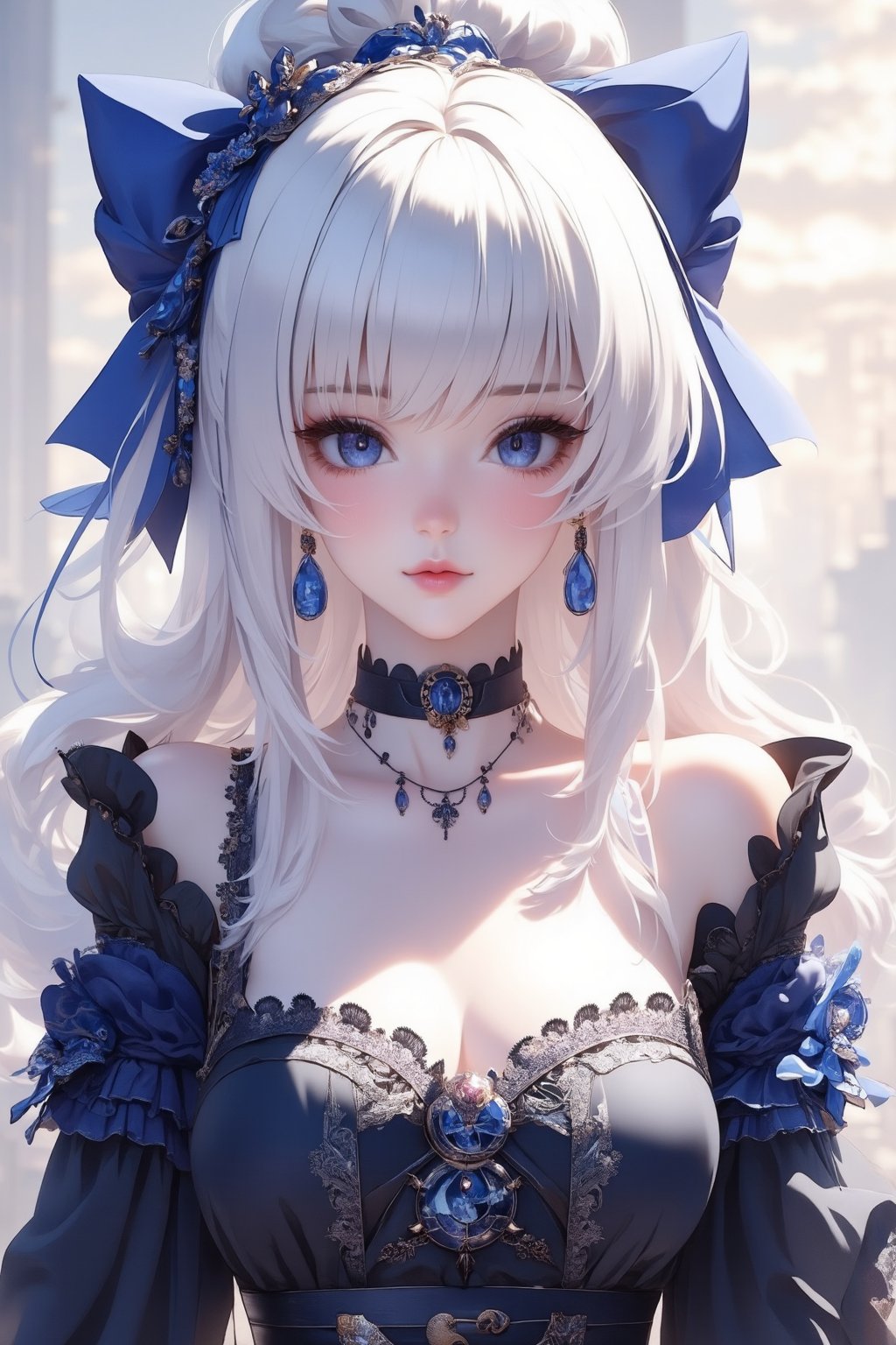 busty and sexy girl, 8k, masterpiece, ultra-realistic, best quality, high resolution, high definition, 1girl, solo, long hair, looking at viewer, blush, bangs, blue eyes, dress, bow, ribbon, jewelry, closed mouth, hair ribbon, upper body, white hair, hair bow, earrings, frills, black dress, parted bangs, eyelashes, blue bow, blue ribbon, pale skin, red lips