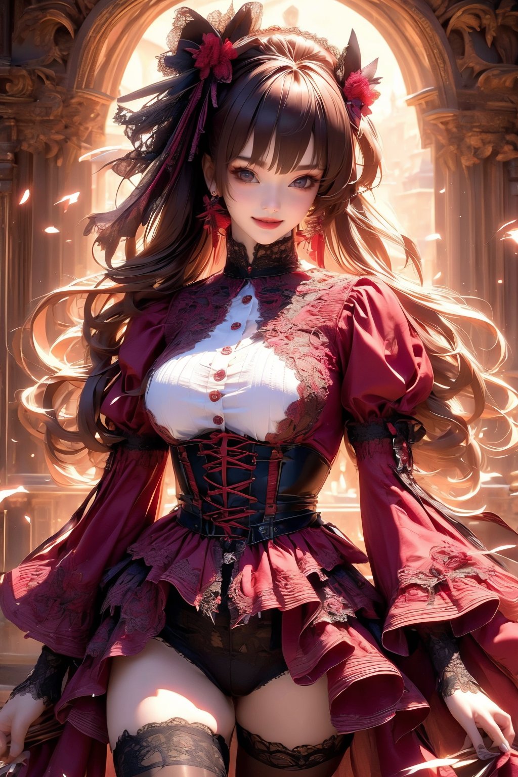 busty and sexy girl, 8k, masterpiece, ultra-realistic, best quality, high resolution, high definition,1girl, solo, long hair, looking at viewer, smile, bangs, brown hair, thighhighs, long sleeves, brown eyes, jewelry, hair bow, sleeves past wrists, torn clothes,  gothic, fashion