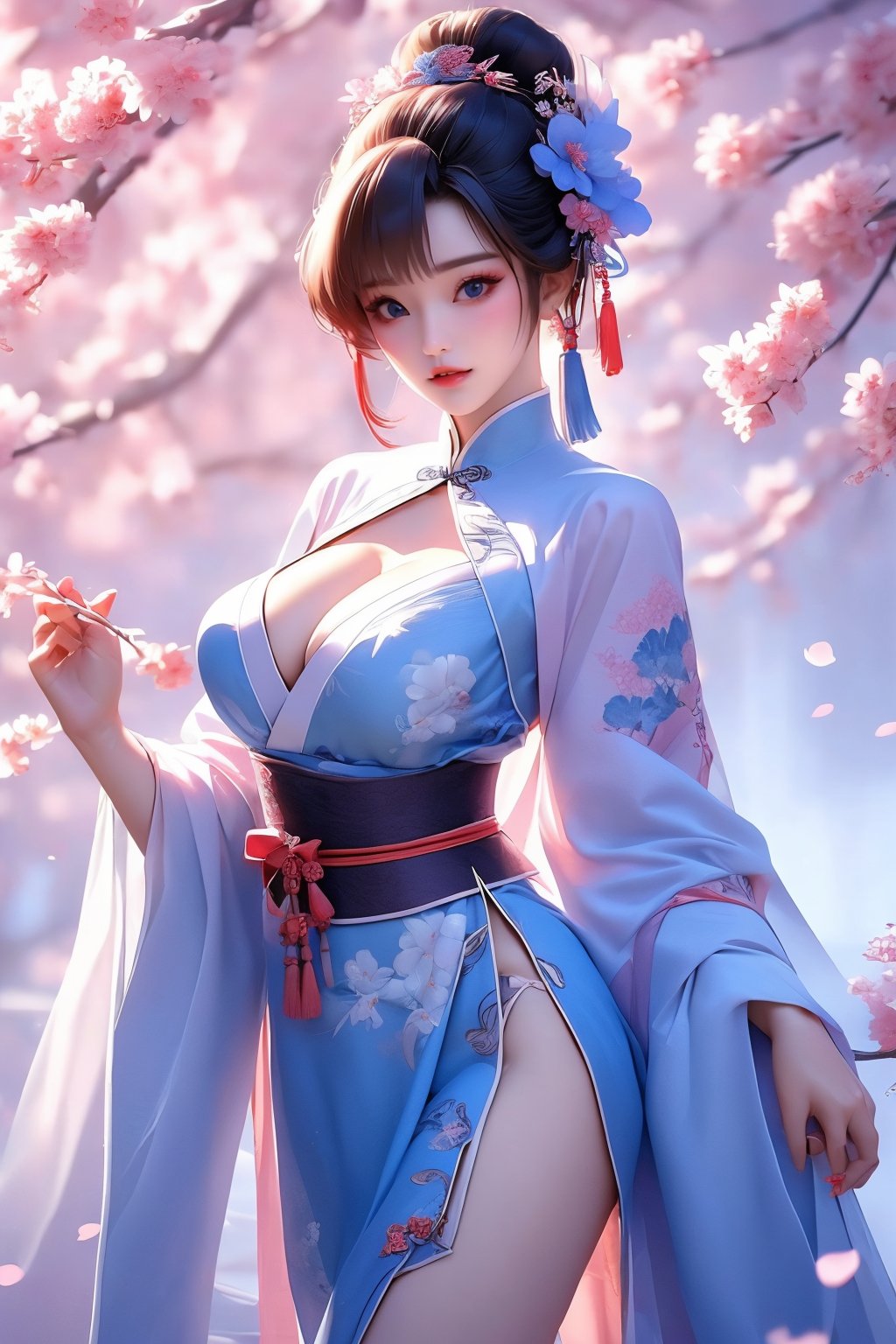 busty and sexy girl, 8k, masterpiece, ultra-realistic, best quality, high resolution, high definition, 1girl, solo, breasts, looking at viewer, blue eyes, large breasts, black hair, hair ornament, long sleeves, dress, holding, cleavage, white flowers, thighs, cowboy shot, parted lips, japanese clothes, hair flower, wide sleeves, hair bun, lips, sash, clothing cutout, no panties, chinese clothes, white floral print, cleavage cutout, single hair bun, cherry blossoms, tassel, pelvic curtain, branch, hair stick