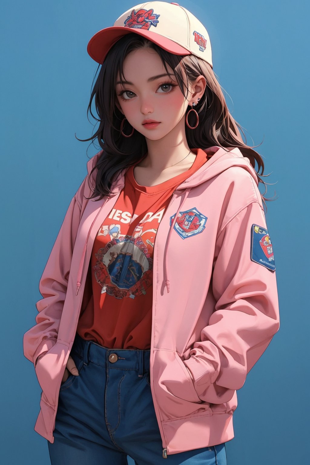 busty and sexy girl, 8k, masterpiece, ultra-realistic, best quality, high resolution, high definition, 1girl, solo, long hair, looking at viewer, simple background, black hair, long sleeves, hat, jewelry, jacket, cowboy shot, earrings, hood, hoodie, blue background, hood down, baseball cap, hands in pockets, pink jacket