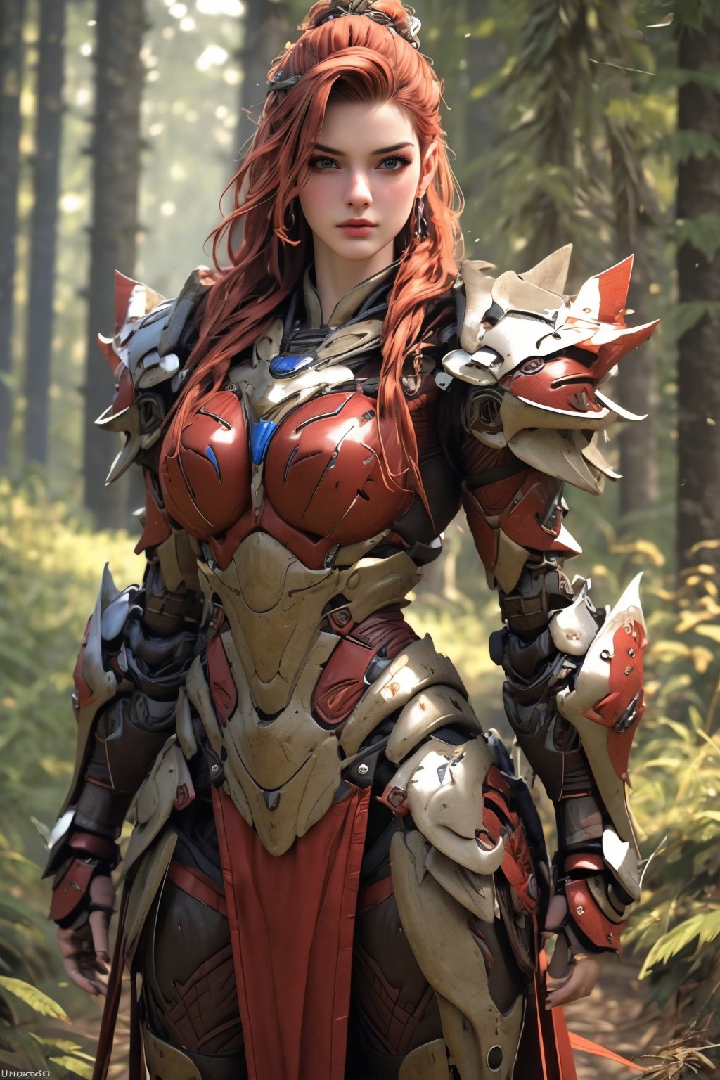 busty and sexy girl, 8k, masterpiece, ultra-realistic, best quality, high resolution, high definition, viking girl, primative clothing with mecha armor, forest