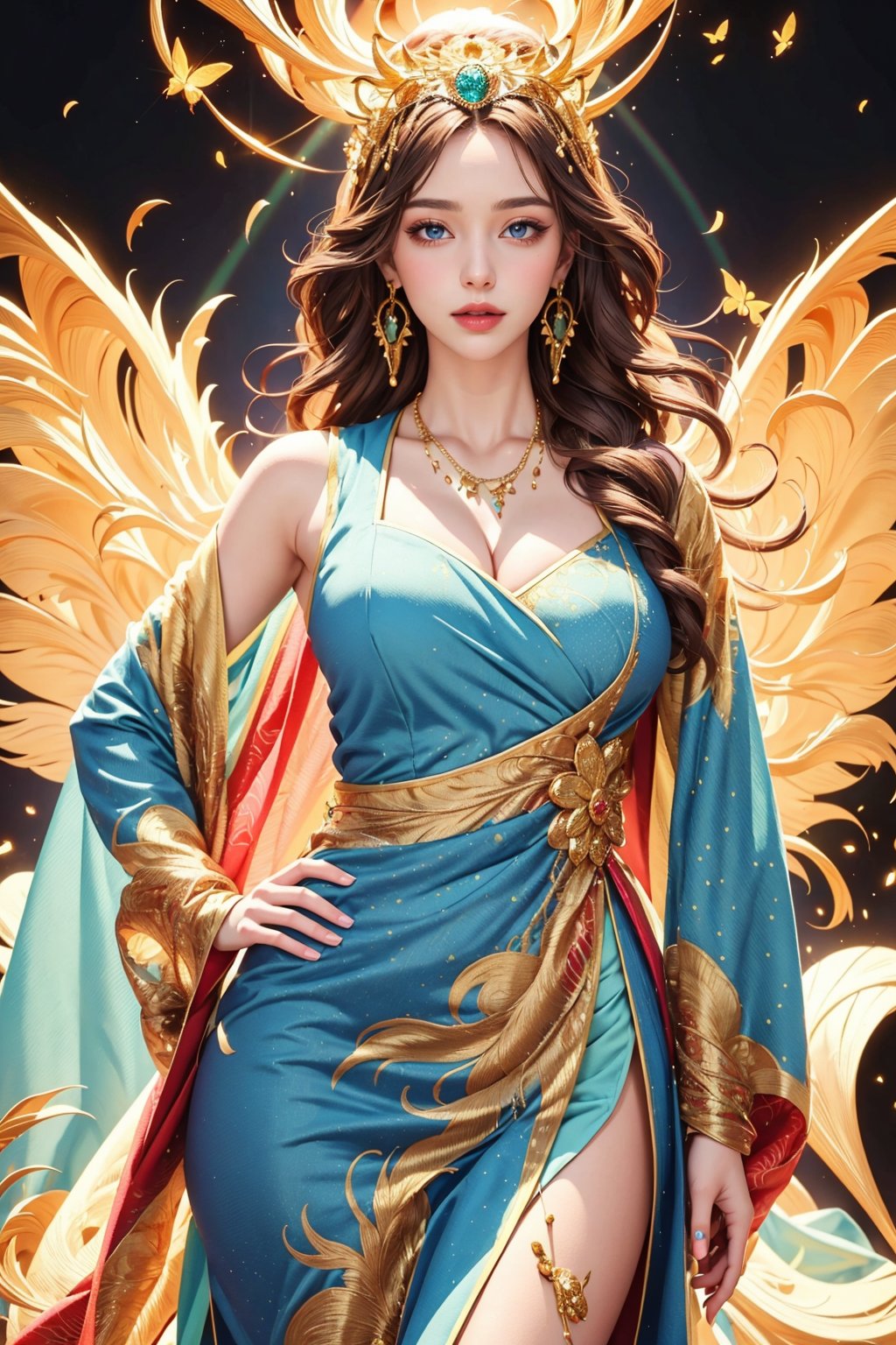 busty and sexy girl, 8k, masterpiece, ultra-realistic, best quality, high resolution, high definition,a medium-angle shot of a woman, adorned with a flowing blue dress adorned with gold accents. Her long, dark hair cascades over her shoulders, adding a touch of beauty to the scene. The woman's dress is adorned in a flowing pattern of blue and white feathers, with a gold chain around her neck. She is adorned with earrings, a necklace, and a bracelet. Her left hand is draped across her body, while her right hand rests on her hip. The background is a mix of white and blue swirls, creating a vibrant contrast to the woman's blue dress. There are a few butterflies fluttering around her, adding touch of nature to the image.