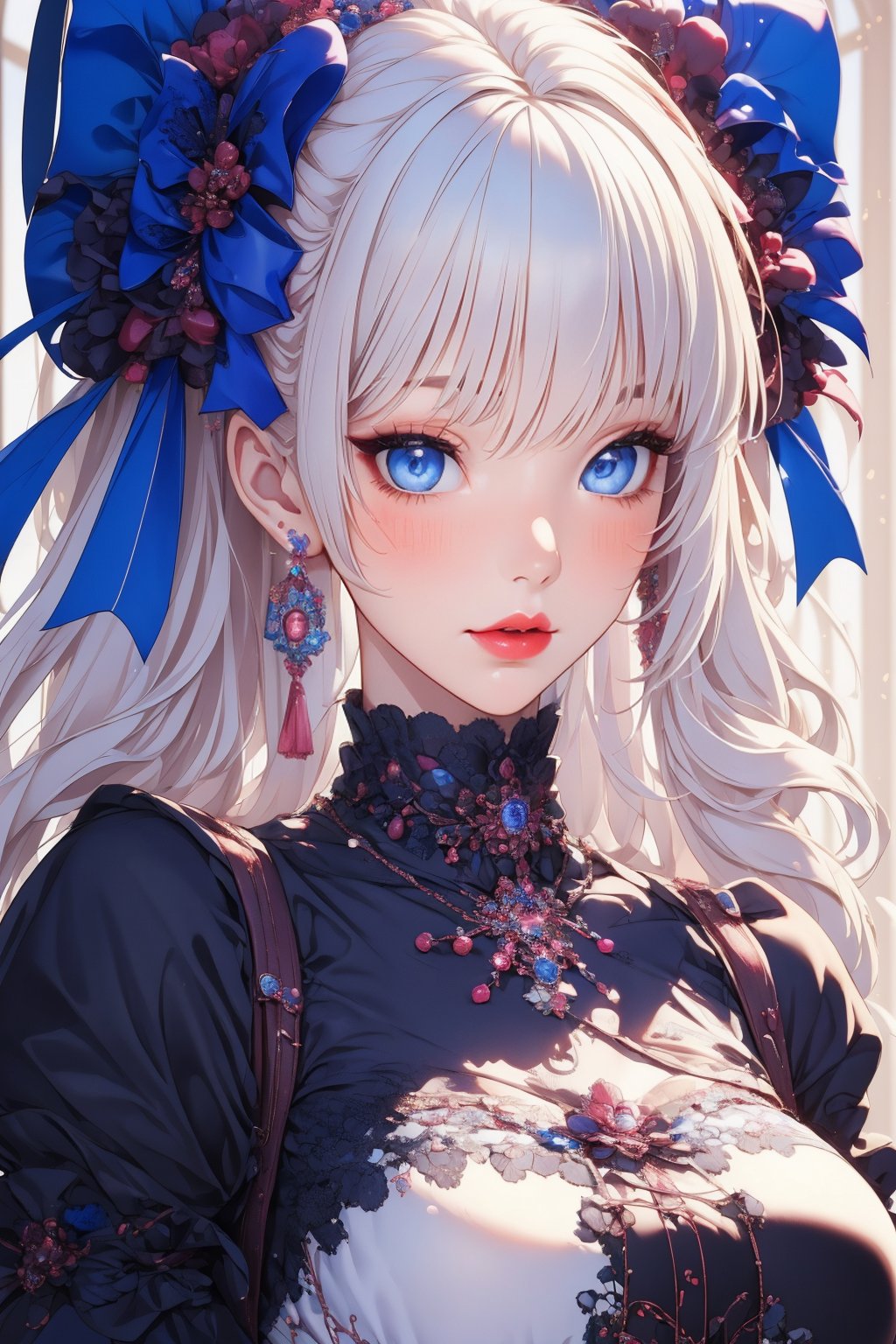 busty and sexy girl, 8k, masterpiece, ultra-realistic, best quality, high resolution, high definition, 1girl, solo, long hair, looking at viewer, blush, bangs, blue eyes, dress, bow, ribbon, jewelry, closed mouth, hair ribbon, upper body, white hair, hair bow, earrings, frills, black dress, parted bangs, eyelashes, blue bow, blue ribbon, pale skin, red lips