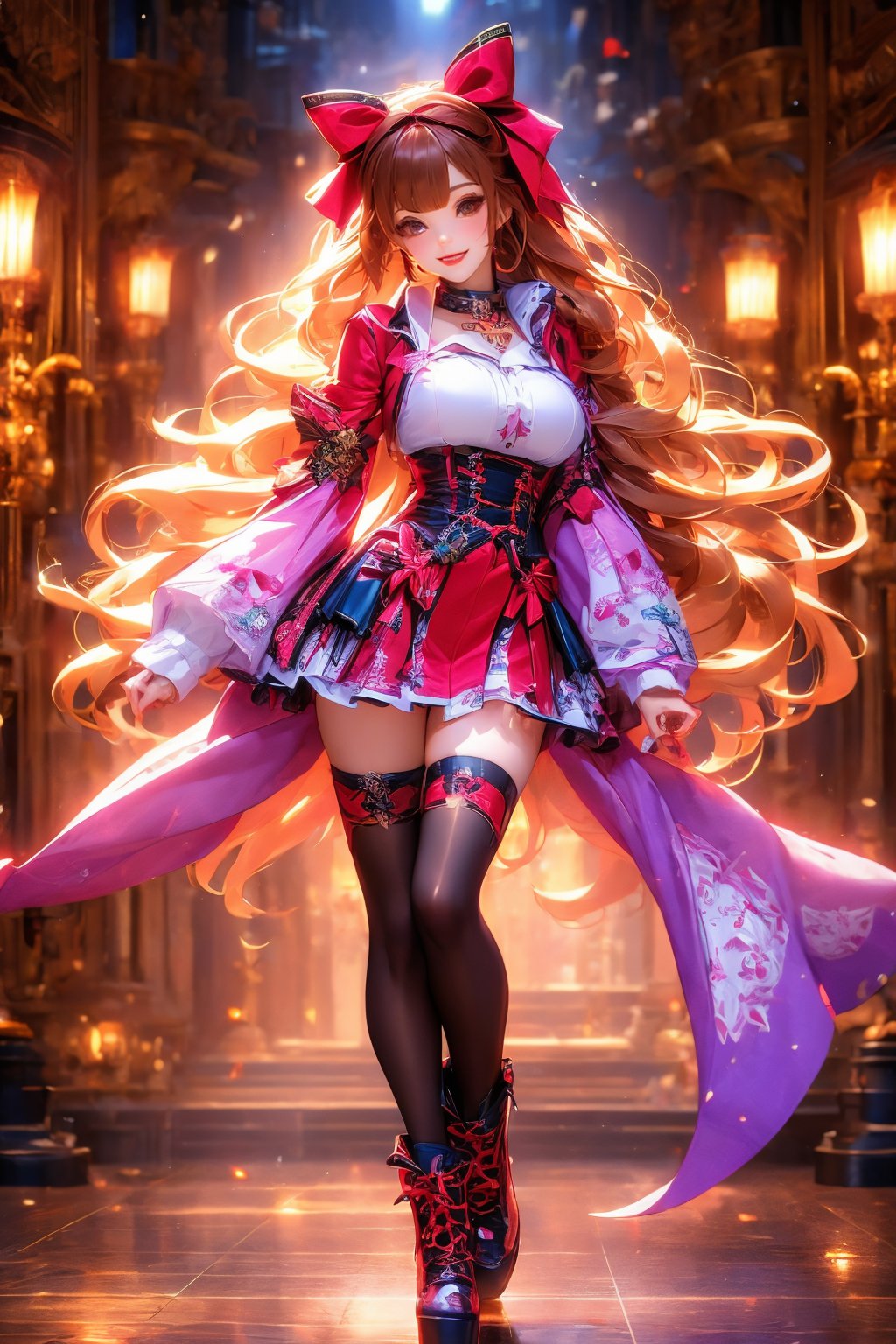 busty and sexy girl, 8k, masterpiece, ultra-realistic, best quality, high resolution, high definition,1girl, solo, long hair, looking at viewer, smile, bangs, brown hair, thighhighs, long sleeves, brown eyes, jewelry, standing, full body, hair bow, boots, choker, socks, black footwear, collar, sleeves past wrists, torn clothes, cross, platform footwear, gothic, fashion