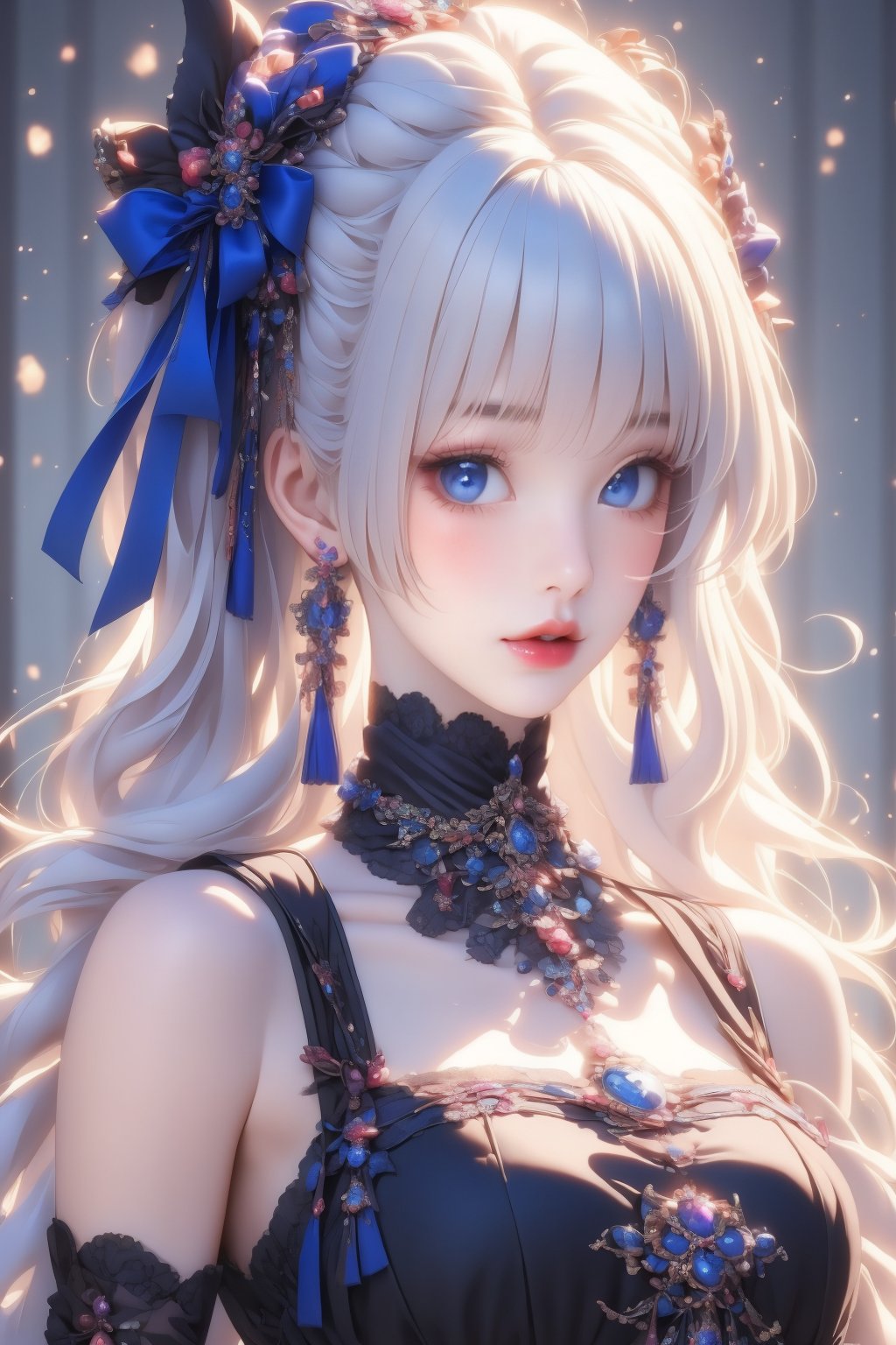 busty and sexy girl, 8k, masterpiece, ultra-realistic, best quality, high resolution, high definition, 1girl, solo, long hair, looking at viewer, blush, bangs, blue eyes, dress, bow, ribbon, jewelry, closed mouth, hair ribbon, upper body, white hair, hair bow, earrings, frills, black dress, parted bangs, eyelashes, blue bow, blue ribbon, pale skin, red lips