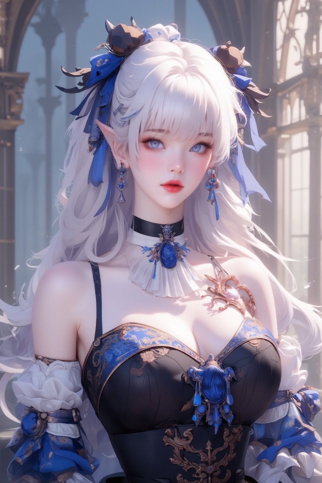 busty and sexy girl, 8k, masterpiece, ultra-realistic, best quality, high resolution, high definition, 1girl, solo, long hair, looking at viewer, blush, bangs, blue eyes, dress, bow, ribbon, jewelry, closed mouth, hair ribbon, upper body, white hair, hair bow, earrings, frills, black dress, parted bangs, eyelashes, blue bow, blue ribbon, pale skin, red lips