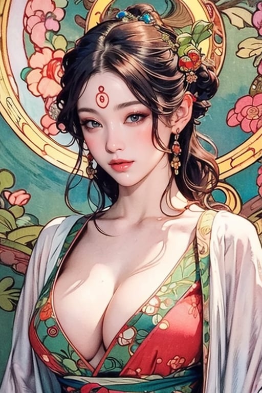 (mucha style), japan oni, busty and sexy girl, 8k, masterpiece, ultra-realistic, best quality, high resolution, high definition, J ONI, MUGODDESS