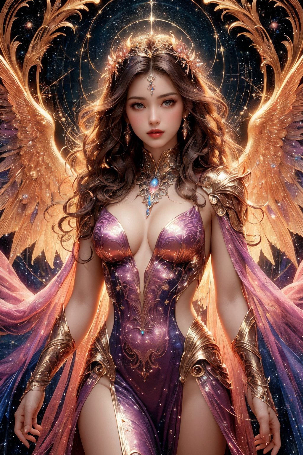 busty and sexy girl, 8k, masterpiece, ultra-realistic, best quality, high resolution, high definition,The image presents a stylized depiction of a female character with fantasy elements. The character has curly hair and is adorned with sparkling jewelry that resembles a constellation pattern, suggesting a celestial theme. The background is dark, speckled with stars, which enhances the cosmic feel of the image. The color palette is rich with purples, blues, and pinks, contributing to the otherworldly aesthetic. The character's attire includes intricate, wing-like structures that add to her ethereal appearance. The overall impression is one of a digital illustration that combines elements of fantasy and science fiction.