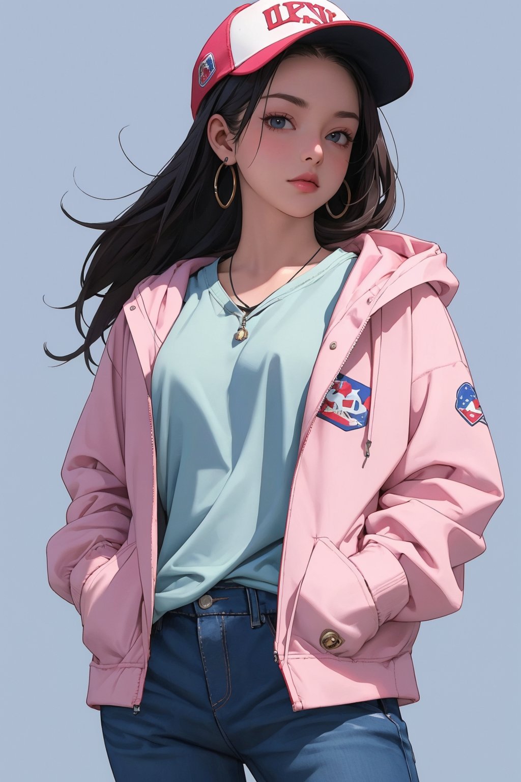 busty and sexy girl, 8k, masterpiece, ultra-realistic, best quality, high resolution, high definition, 1girl, solo, long hair, looking at viewer, simple background, black hair, long sleeves, hat, jewelry, jacket, cowboy shot, earrings, hood, hoodie, blue background, hood down, baseball cap, hands in pockets, pink jacket