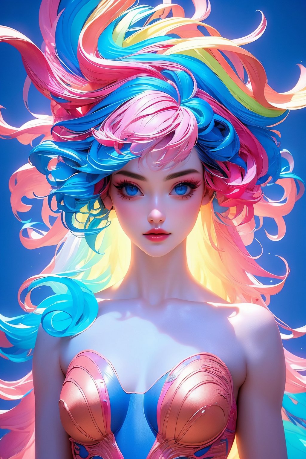 busty and sexy girl, 8k, masterpiece, ultra-realistic, best quality, high resolution, high definition,1girl, solo, long hair, looking at viewer, blue eyes, bare shoulders, closed mouth, blue hair, collarbone, upper body, pink hair, multicolored hair, lips, makeup, floating hair,multicolored background, rainbow, colorful, abstract, rainbow hair, intricate pattern background