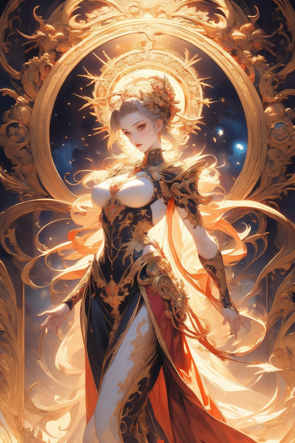 busty and sexy girl, 8k, masterpiece, ultra-realistic, best quality, high resolution, high definition, Create an image of a female character from a mobile cultivation game. The character should have an intricate and majestic design, with elements that suggest power and mysticism. Include details such as a glowing artifact in her hands, elaborate golden ornaments radiating around her like a halo, and an elegant dark robe adorned with golden embellishments that signify her high status in the game's world. The character's pose should convey confidence and grace, indicative of her experience and prowess within the game's universe.