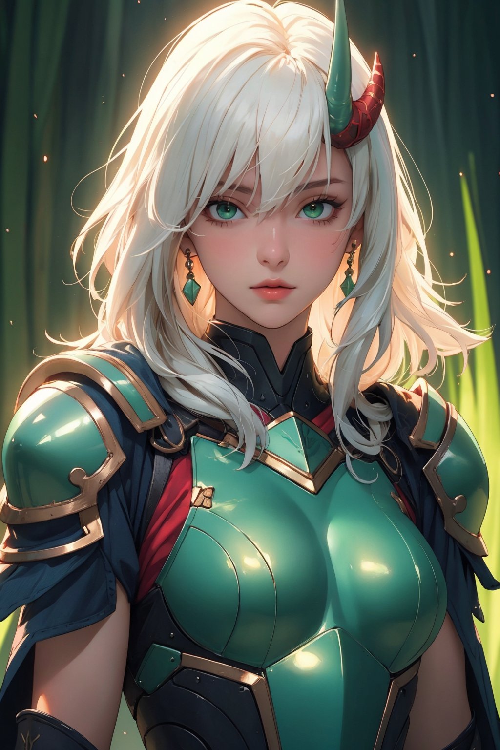 busty and sexy girl, 8k, masterpiece, ultra-realistic, best quality, high resolution, high definition, 1girl, solo, long hair, looking at viewer, bangs, hair between eyes, jewelry, closed mouth, green eyes, upper body, white hair, parted lips, horns, armor, glowing, shoulder armor, green theme