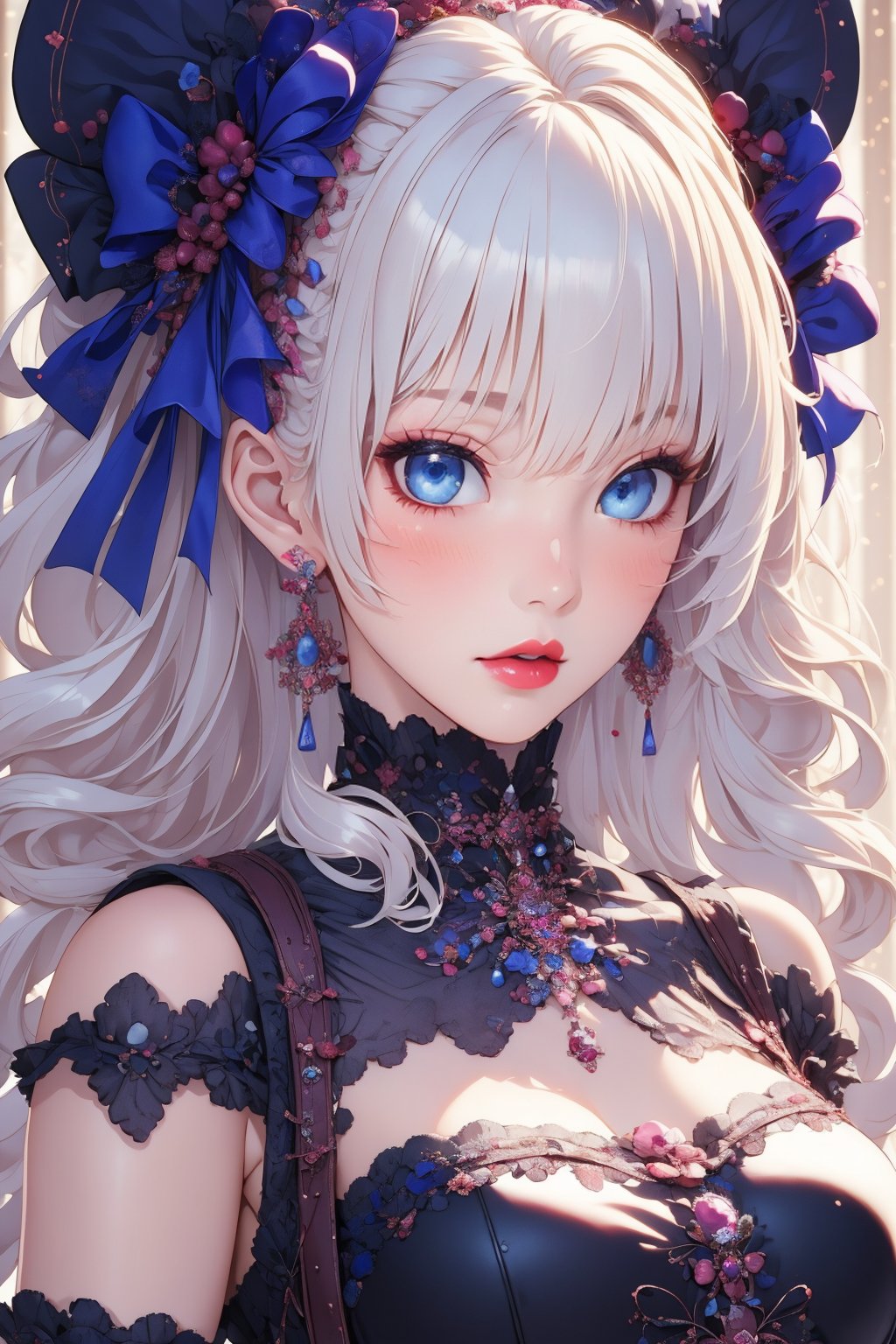 busty and sexy girl, 8k, masterpiece, ultra-realistic, best quality, high resolution, high definition, 1girl, solo, long hair, looking at viewer, blush, bangs, blue eyes, dress, bow, ribbon, jewelry, closed mouth, hair ribbon, upper body, white hair, hair bow, earrings, frills, black dress, parted bangs, eyelashes, blue bow, blue ribbon, pale skin, red lips