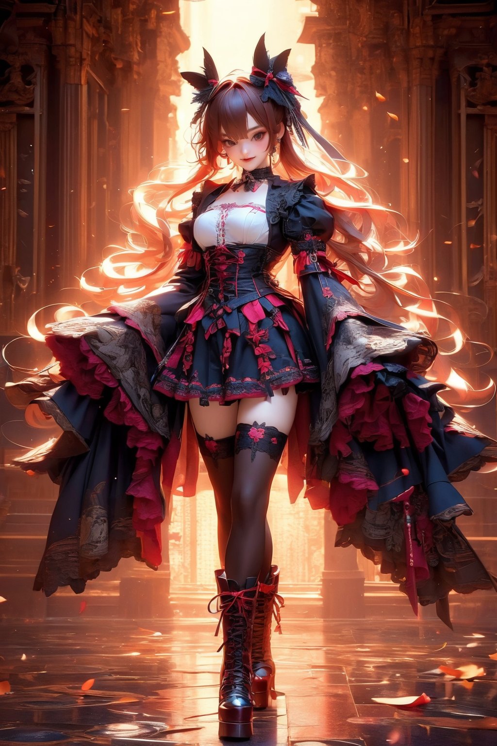 busty and sexy girl, 8k, masterpiece, ultra-realistic, best quality, high resolution, high definition,1girl, solo, long hair, looking at viewer, smile, bangs, brown hair, thighhighs, long sleeves, brown eyes, jewelry, standing, full body, hair bow, boots, choker, socks, black footwear, collar, sleeves past wrists, torn clothes, cross, platform footwear, gothic, fashion