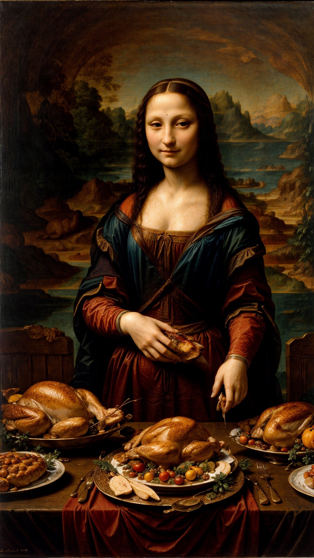 art by Leonardo da Vinci, mona lisa is eating a delicious thanksgiving turkey at a lavish table , etheral lighting, high contrast featuring muted colors, ultra detailed,  ,Masterpiece